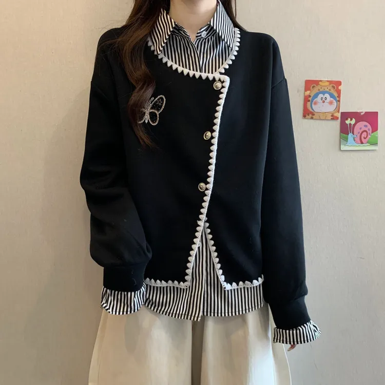 大码假两件条纹衬衫拼接卫衣女秋冬胖MM宽松显瘦百搭洋气烫钻上衣