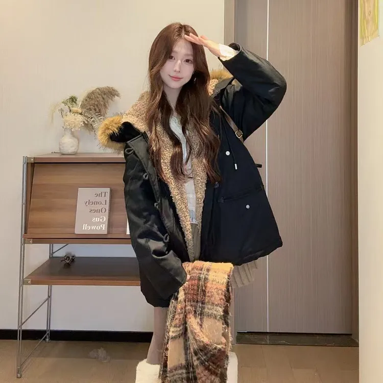 气质工装毛领连帽派克服宽松新款棉服保暖加厚外套928