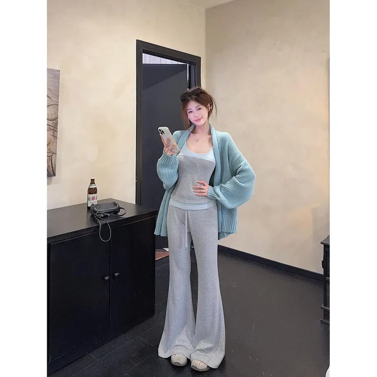 辣妹撞色条纹吊带背心女坑条针织长袖外套秋季微喇裤垂感长裤套装