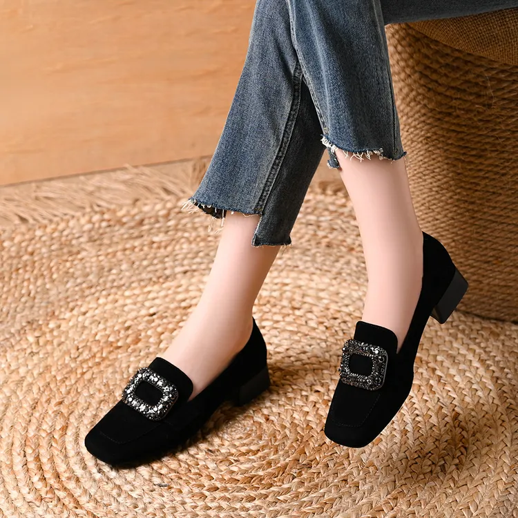 真皮羊皮春秋新款黑色磨砂水钻方扣中口粗跟一脚蹬时尚方头女单鞋