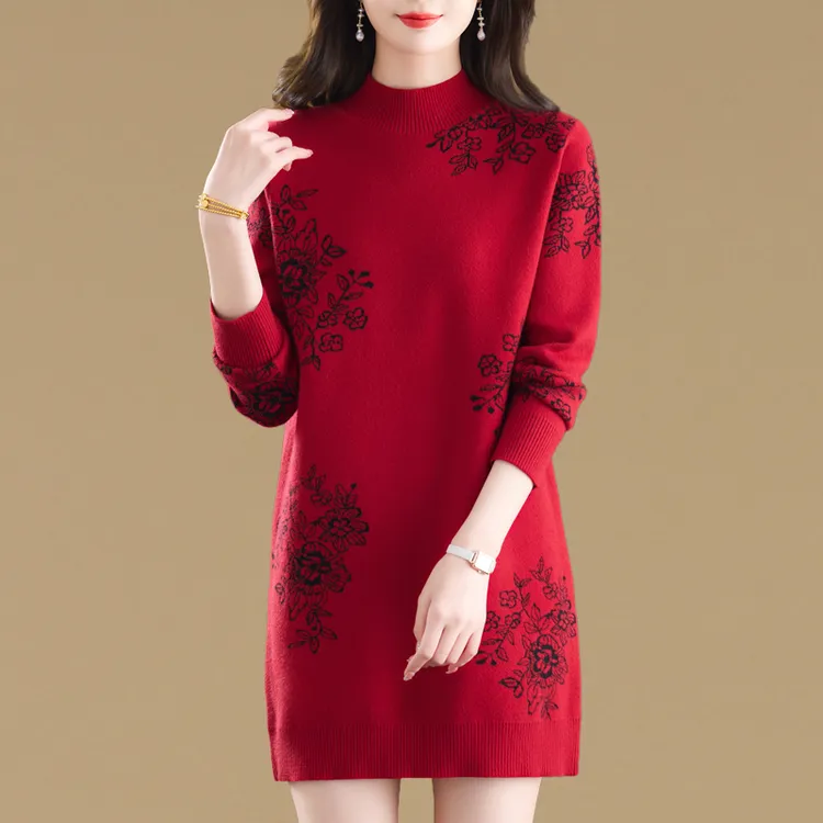 秋冬半高领大码提花中长款毛衣裙女秋冬宽松内搭针织打底连衣裙厚