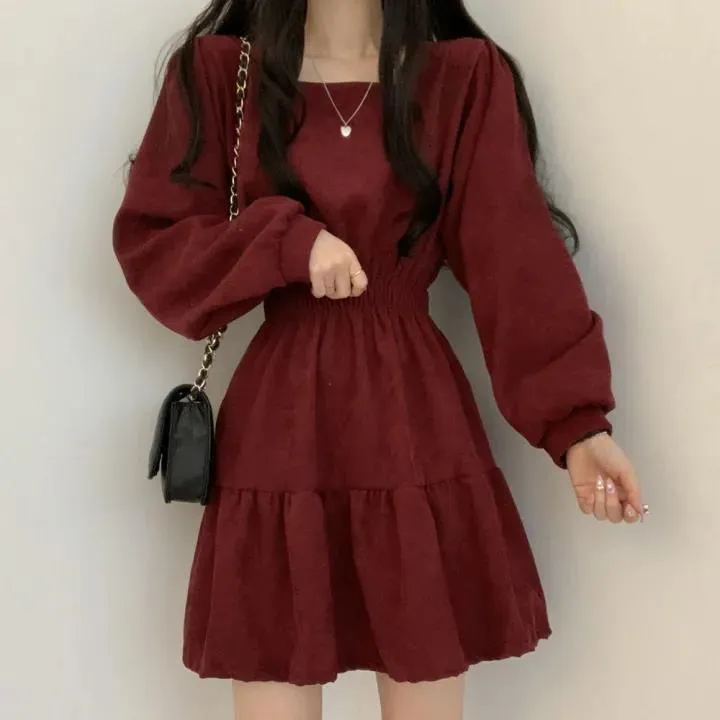 A欧美风方领显瘦褶皱韩版少女减龄宽松高腰复古小个子街拍连衣裙