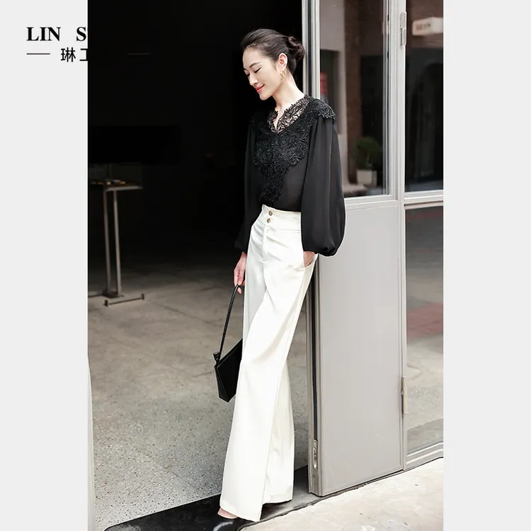 琳工坊“星渡”黑色衬衫蕾丝气质宽松优雅通勤职场时尚唐琳设计师