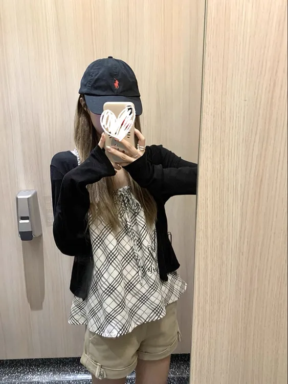 少女白底格纹抹胸吊带女夏设计感小众无袖吊带开衫套装