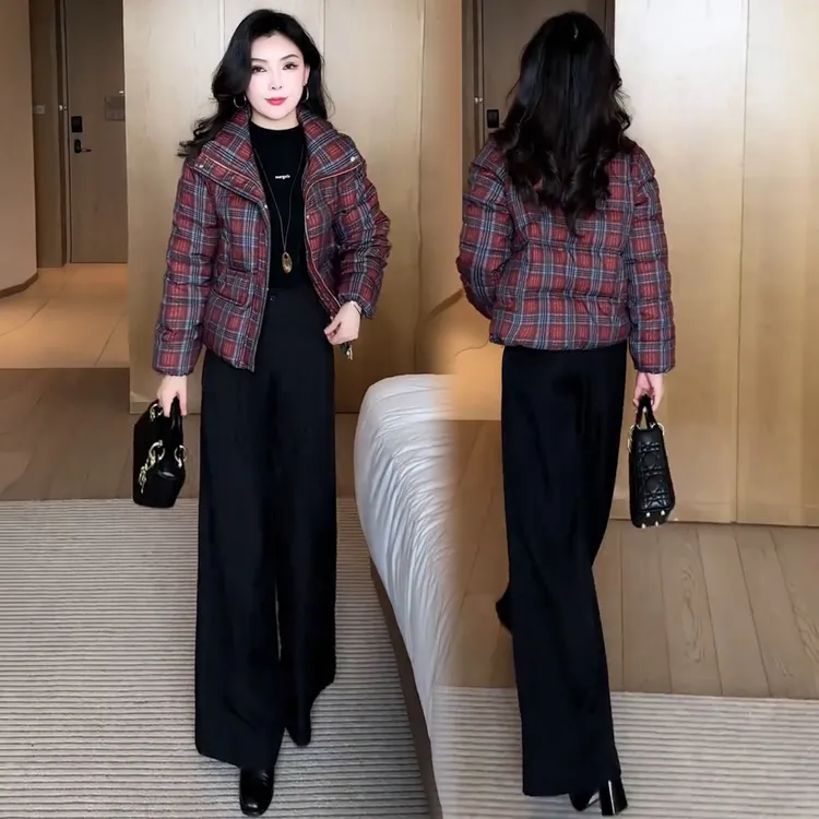时尚格子短款棉服女2025冬季新款洋气显瘦小个子立领保暖棉袄外套