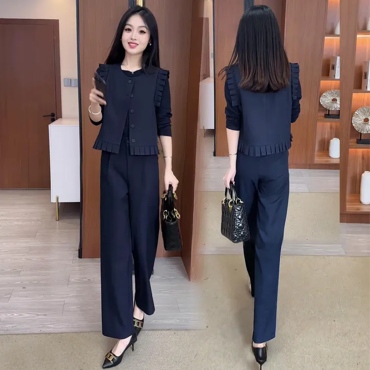 2025春秋季新款女士高级感时尚气质西装马甲打底衫阔腿裤三件套装