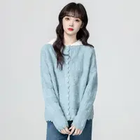 蓝色钩花毛衣外套女春秋2025秋季新款设计感宽松针织开衫长袖上衣