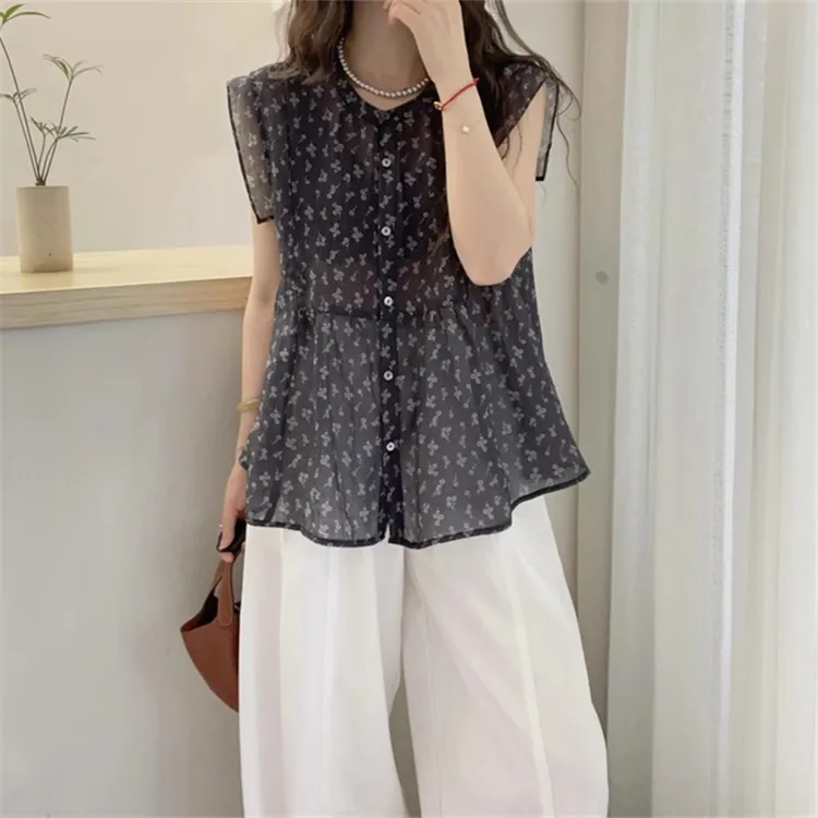 复古衬衫港风减龄圆领法式小众高级感碎花无袖上衣女慵懒风宽松