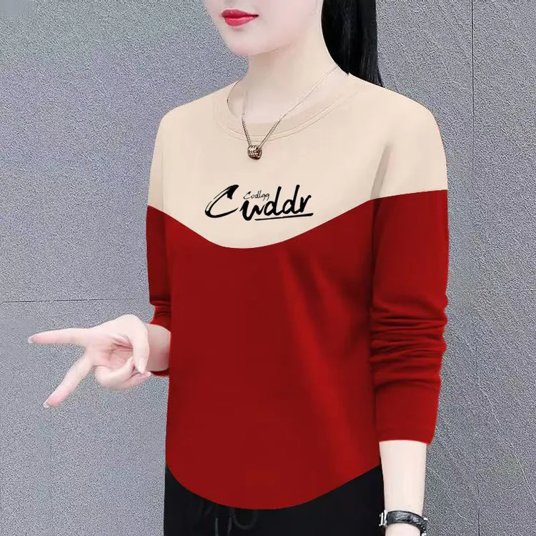 春秋新款100%纯棉长袖T恤女时尚休闲显瘦插色落肩圆领女士宽松t恤