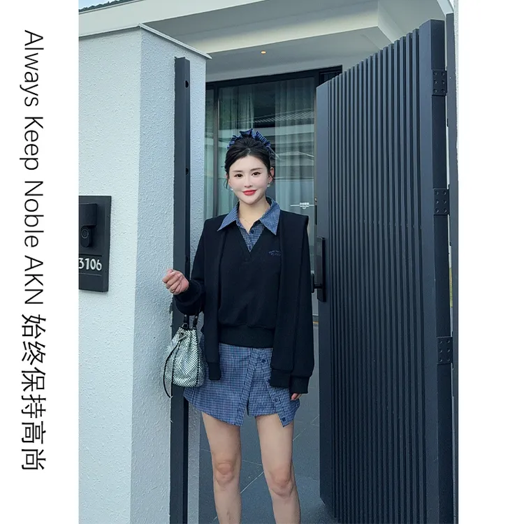 艾珂妮8069【两件套】学院休闲风格子衬衫领拼接卫衣裙裤套装