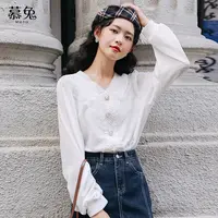【小铃铛】MTA280设计感v领蕾丝花边上衣女小众白色泡泡袖衬衫