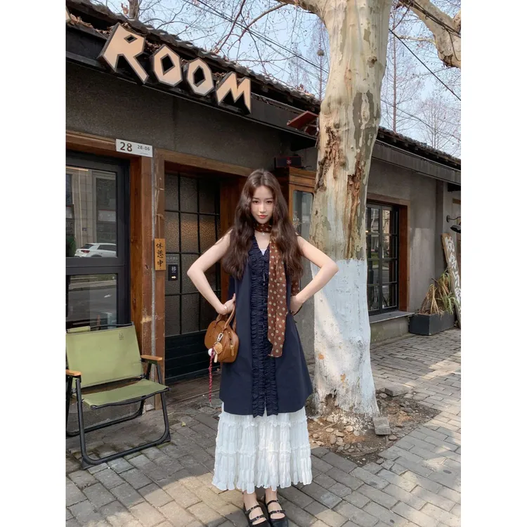 哥弟阿玛施正品时尚套装裙韩系无袖木耳边背心连衣裙叠穿半身裙女