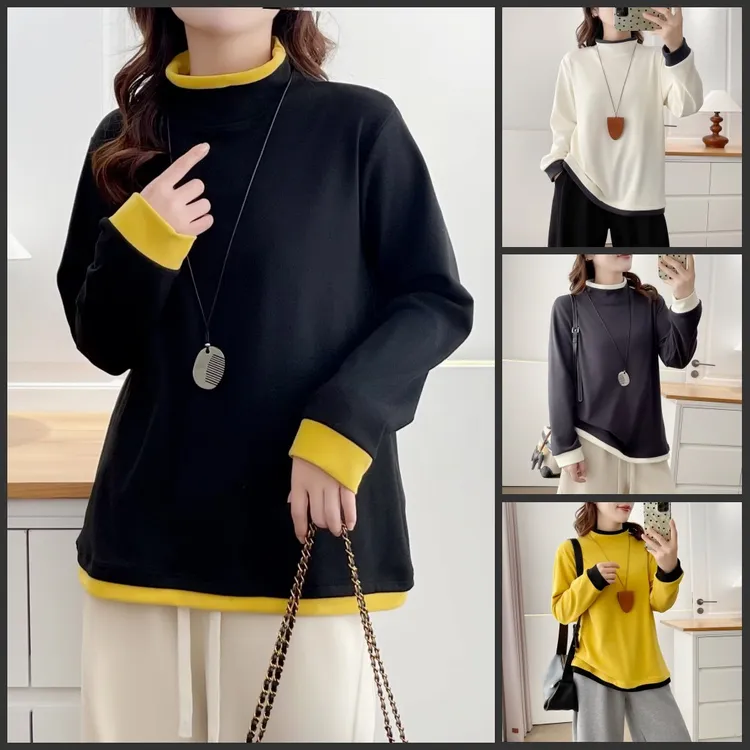 120-200斤大码女装胖mm洋气时尚冬装拼色德绒保暖遮肚子T恤打底衫