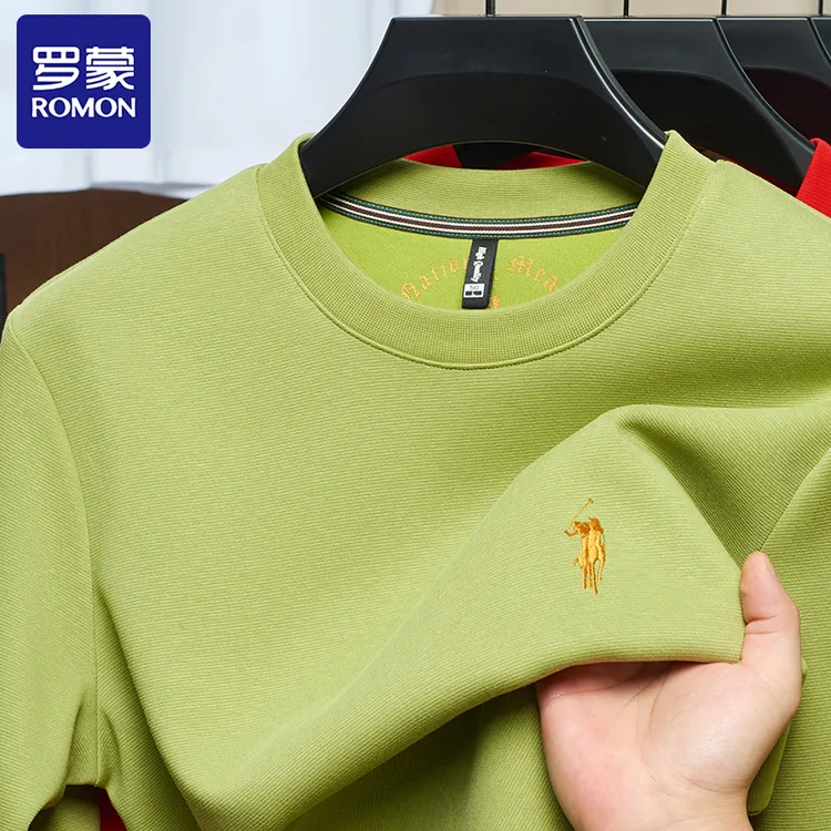 Romon/罗蒙秋季长绒棉长袖T恤男士高档休闲刺绣圆领男装长袖卫衣