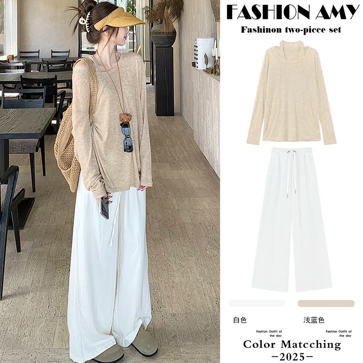 孕妇套装春秋新款时尚宽松慵懒风显瘦长袖露肩上衣休闲裤子两件套