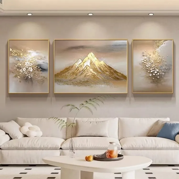 现代简约日照金山客厅装饰画高档大气客厅沙发背景墙三联装饰画