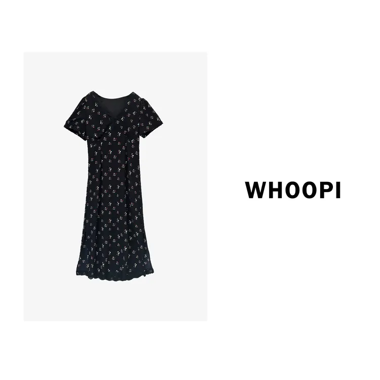 【Whoopi】【漫漫花季】法式温柔风气质长裙夏季显瘦黑底碎花连衣裙