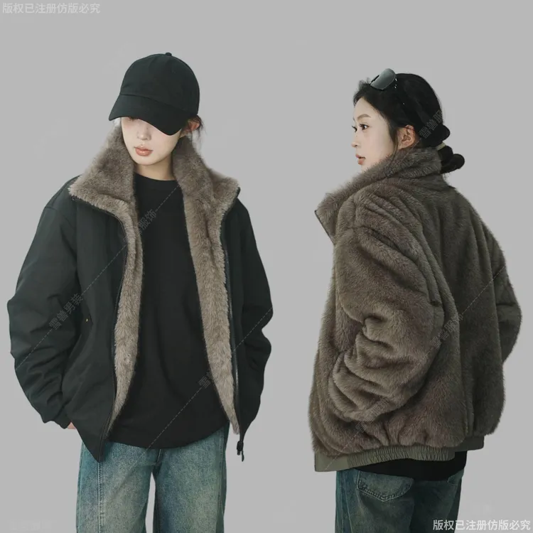 两面穿座山雕双色银蓝狐重磅水洗牛津帆布保暖加厚加绒外套棉衣