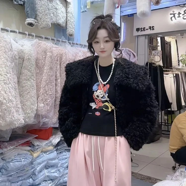 冬季新款韩版翻领毛毛短款毛毛外套时尚百搭