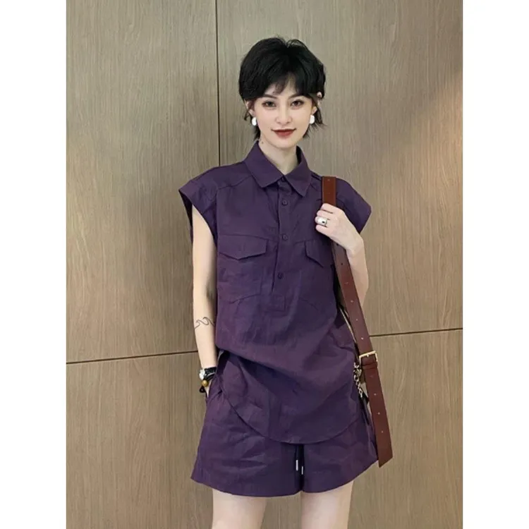 夏装搭配一整套酷飒拽姐干练气质高级感紫色衬衫休闲短裤套装