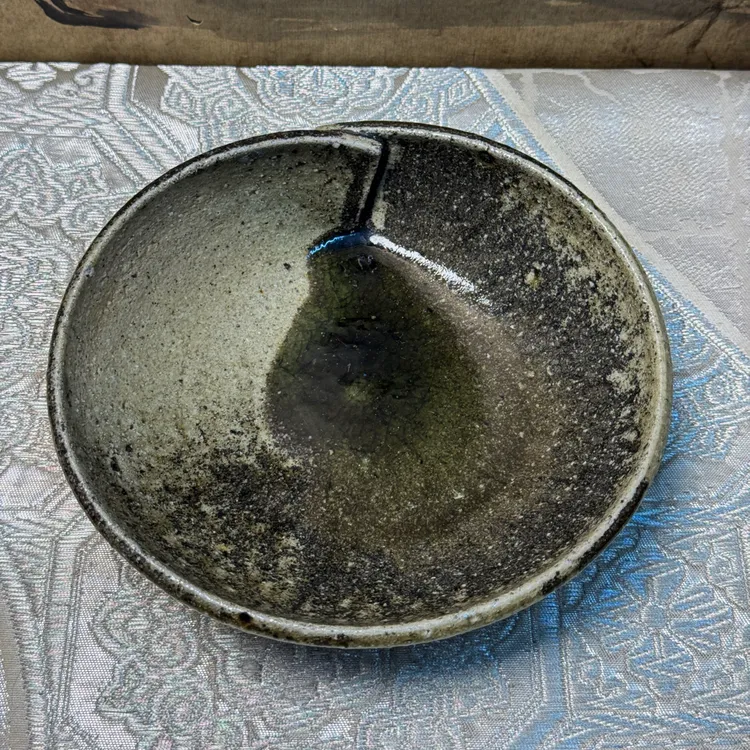 绝美蛤皿·日本伊贺烧·伊藤讚·中古老柴烧·粗粝磨砂·碧绿开片·盘钵