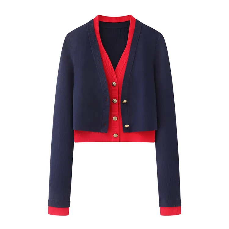 1144{艾}2026春撞色边挂脖V领假两件针织开衫女装纯色V领针织T恤