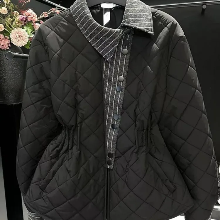 2025秋冬新款别致菱形格撞色翻领棉服女洋气减龄收腰显瘦棉衣外套