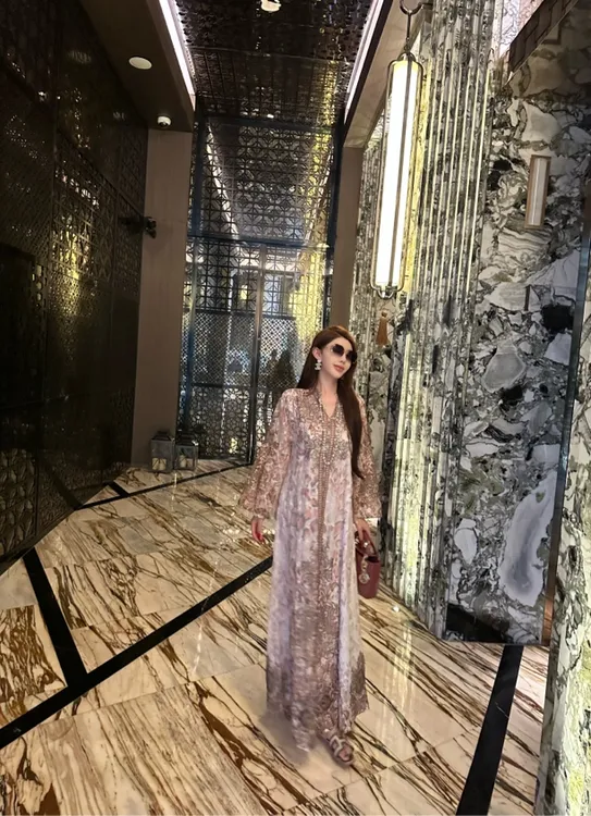 【粥粥高级定制】莫奈玫瑰高定重工奢华刺绣佩斯利印花长袍连衣裙