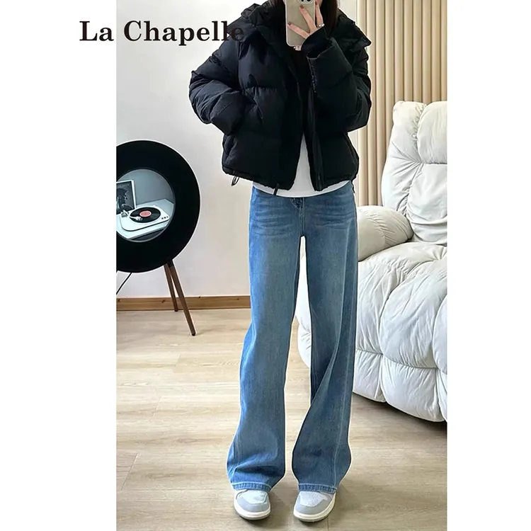 拉夏贝尔浅色高腰直筒牛仔裤女2025秋冬新款复古显瘦垂感加绒裤子