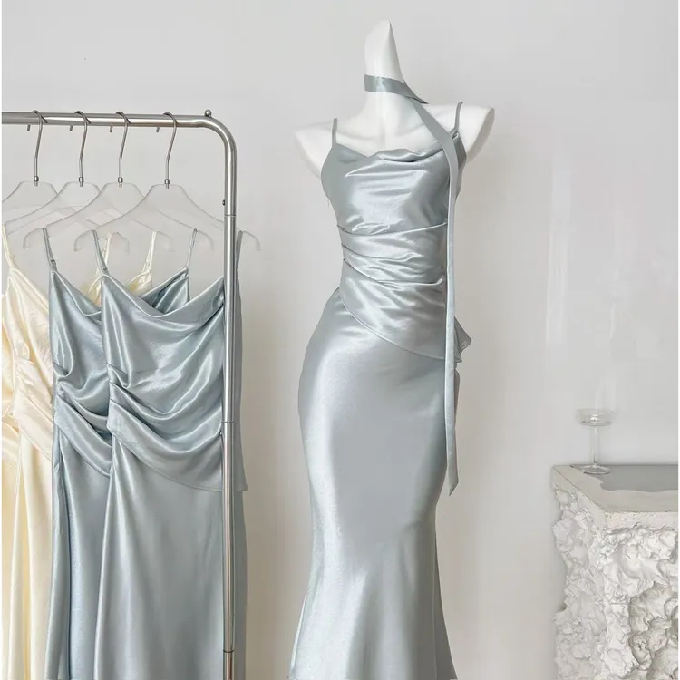 夏季新款荡领气质缎面鱼尾裙女法式名媛气质系带吊带连衣裙