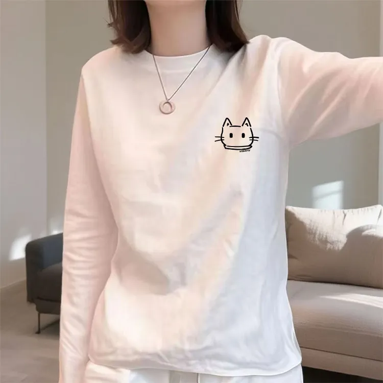 100%纯棉长袖打底衫女士秋冬新款慵懒风百搭宽松休闲白色内搭上衣