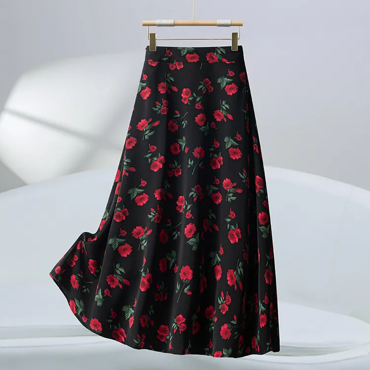 复古玫瑰花醋酸半身裙女2025夏季新款高腰显瘦中长款碎花Aa字裙子