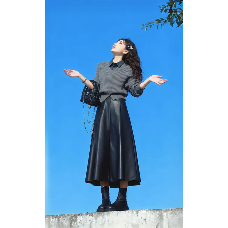 时尚假两件针织毛衣半身裙两件套女款秋冬百搭显瘦大摆A字裙套装