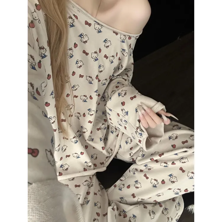 【DMXJ大梦想家】慵懒风可爱Kitty猫印花睡衣女秋冬新款家居服套装