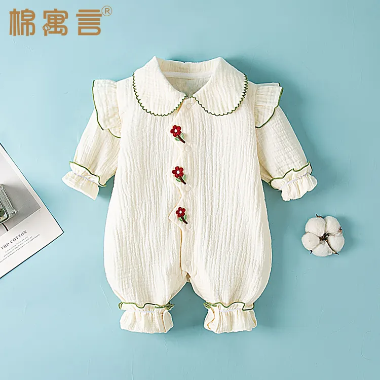 纯棉纱布宝宝连体衣春夏飞飞袖娃娃领哈衣清新小花婴儿公主风外出