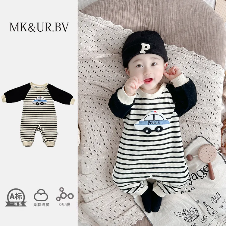 MK&UR.BV婴儿衣服条纹连体衣初秋季装新生儿宝宝超萌外出韩系哈衣
