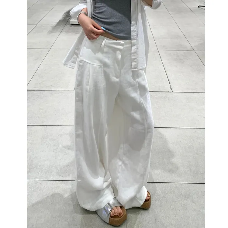 白色亚麻苎麻阔腿裤女夏季显瘦高腰垂感休闲风西装直筒休闲阔腿裤