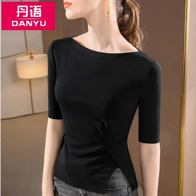 黑色短袖T恤女早秋2025新款一字领中袖打底衫洋派独特开叉上衣女