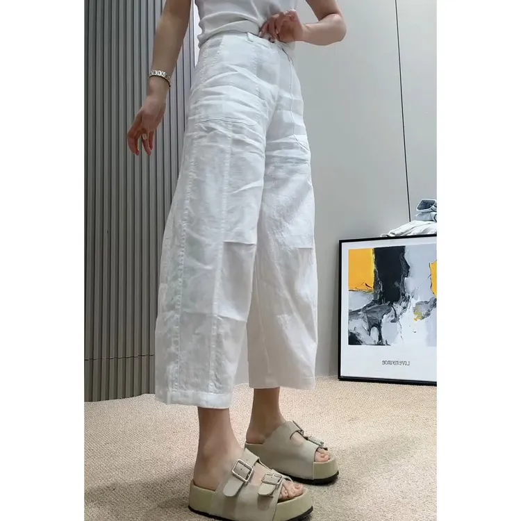 夏季新款简约高腰弯刀阔腿九分休闲裤女2026年大码显瘦百搭直筒裤商品图