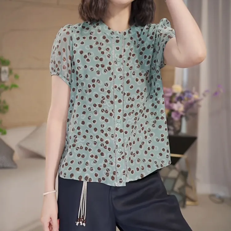 波点印花圆领短袖衬衫法式上衣显瘦遮肉胖mm大码女夏洋气减龄衬衣