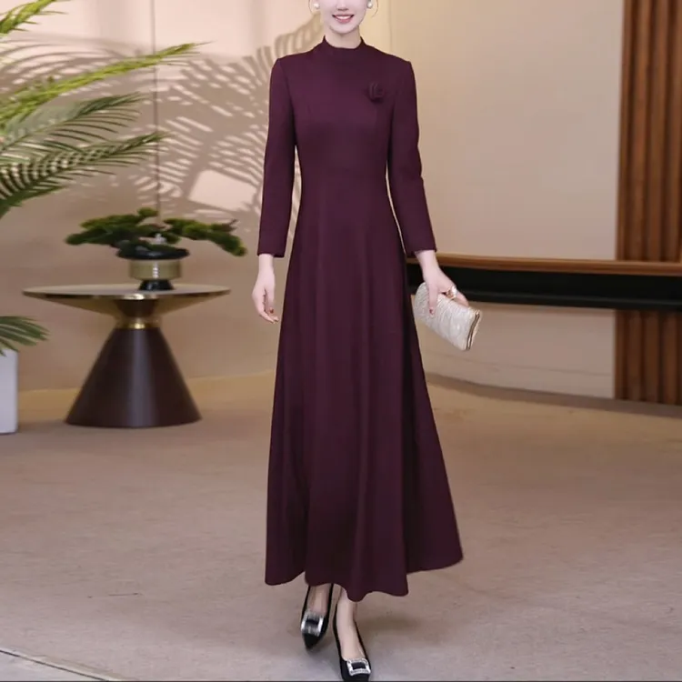 冬季羊毛裙立领修身显瘦大摆连衣裙长裙优雅气质收腰长袖25135