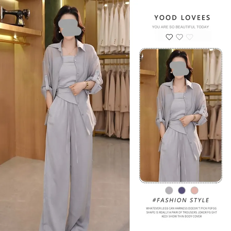 高级感时尚洋气套装女夏季新款防晒衬衫背心阔腿裤减龄穿搭三件套