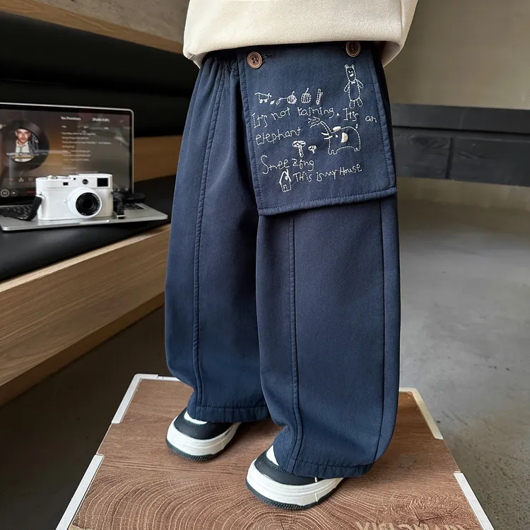男童加绒休闲裤儿童韩版洋气加厚阔腿裤男孩宝宝秋冬装2025新款潮