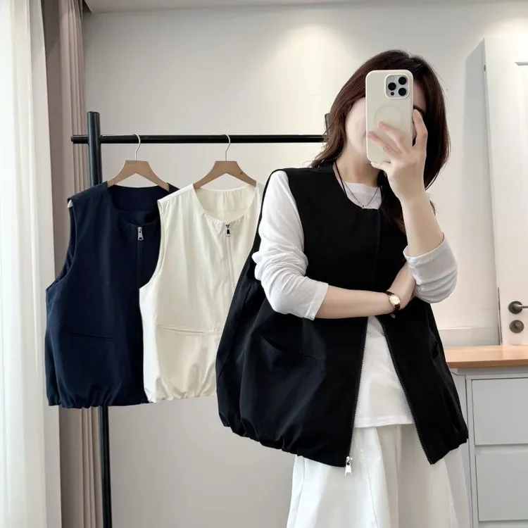 1123女装韩版简约纯色拉链大方马甲秋季宽松显瘦流行时尚潮牌女装