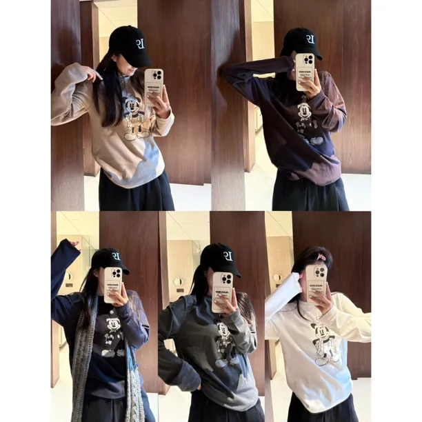 PEACHZHOU 德绒米鼠印花正肩宽松圆领打底长袖减龄休闲保暖T恤