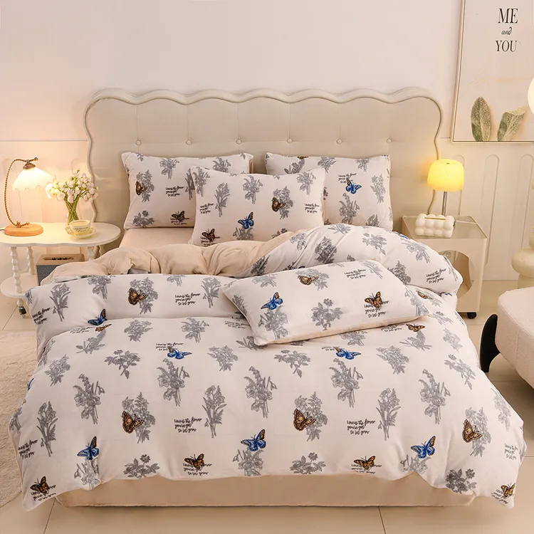 冬季必备新款加厚牛奶绒四件套珊瑚绒双面加绒床品田园蝶梦