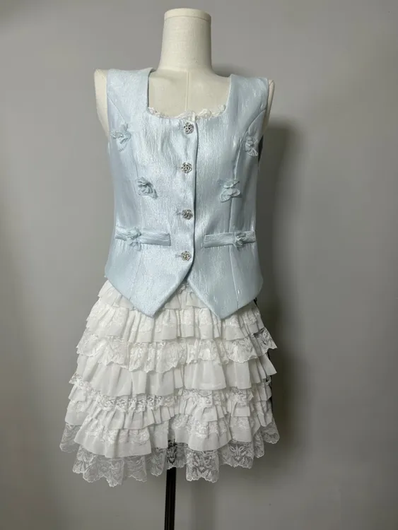 时尚名媛风方领无袖蝴蝶结上衣加蕾丝纱裙套装