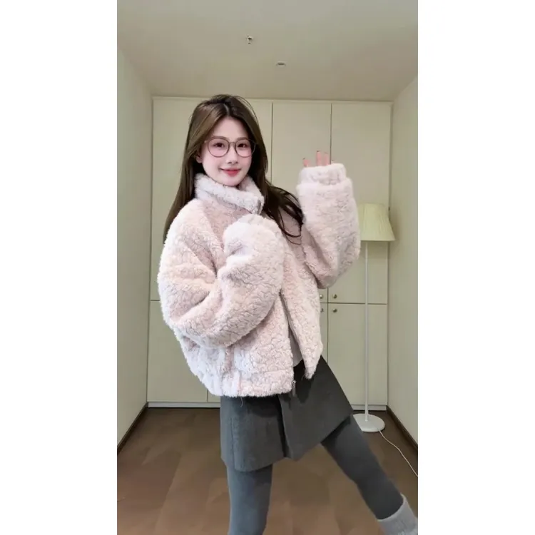 MARIE.COCO2025秋冬新款少女粉毛毛绒立领外套女高级百搭短裙套装