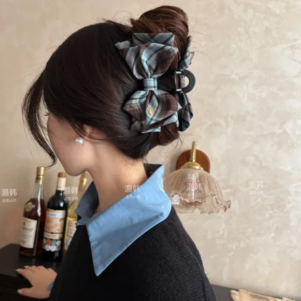 版型好！经典格纹金标多层蝴蝶结抓夹后脑勺盘发鲨鱼夹洋气盘发器