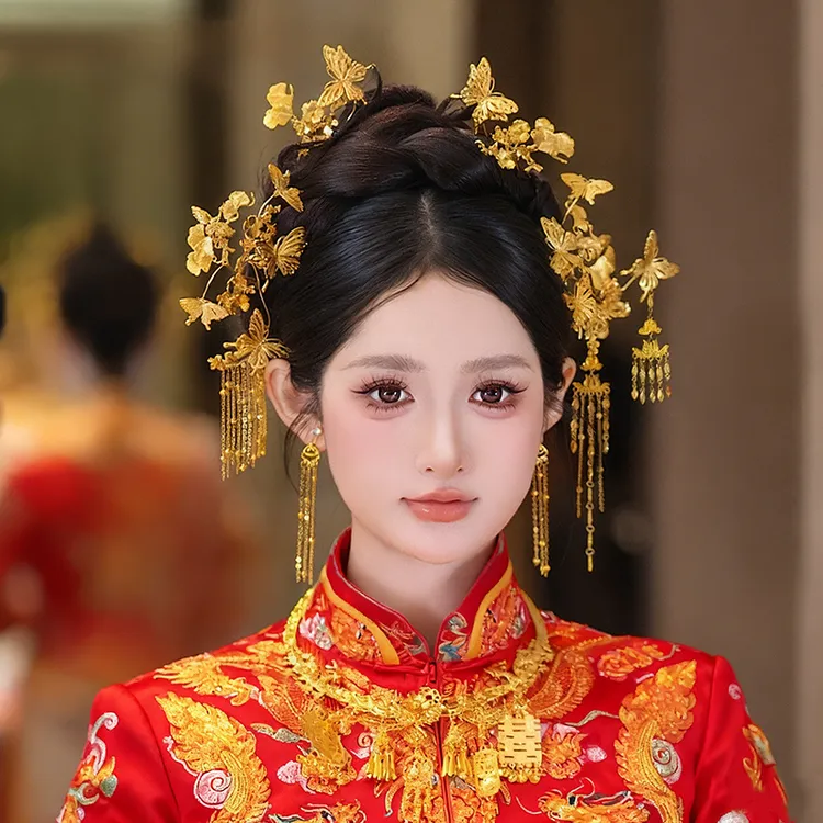 龙凤褂新娘头饰中式婚礼贵气流苏发簪国风旗袍秀禾俏皮发饰10123